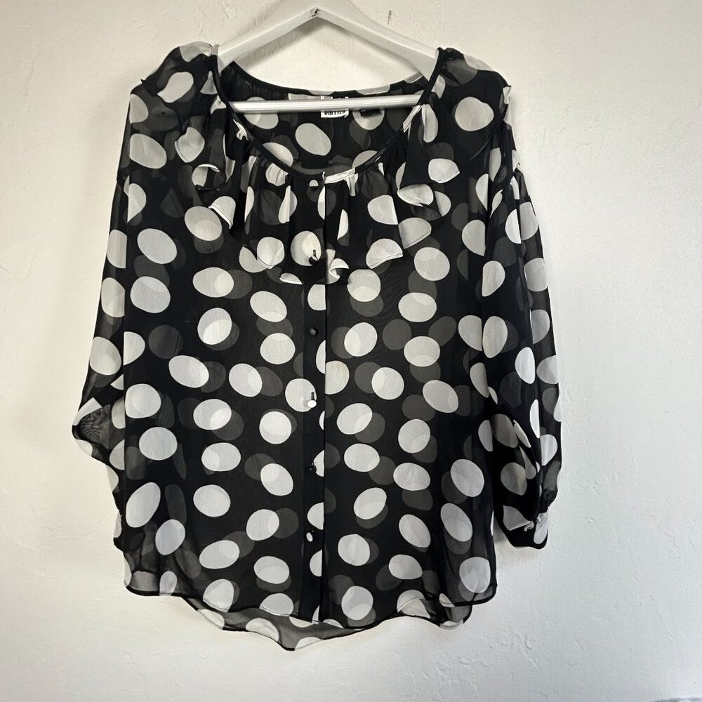 Paul Et Duffier Black White Polka Dot Sheer Button-Up Ruffle Collar Blouse Small